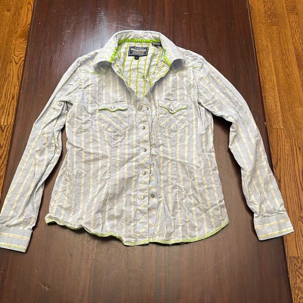 Rough Stock Panhandle Slim blue striped bejeweled cowgirl pearl snap size L